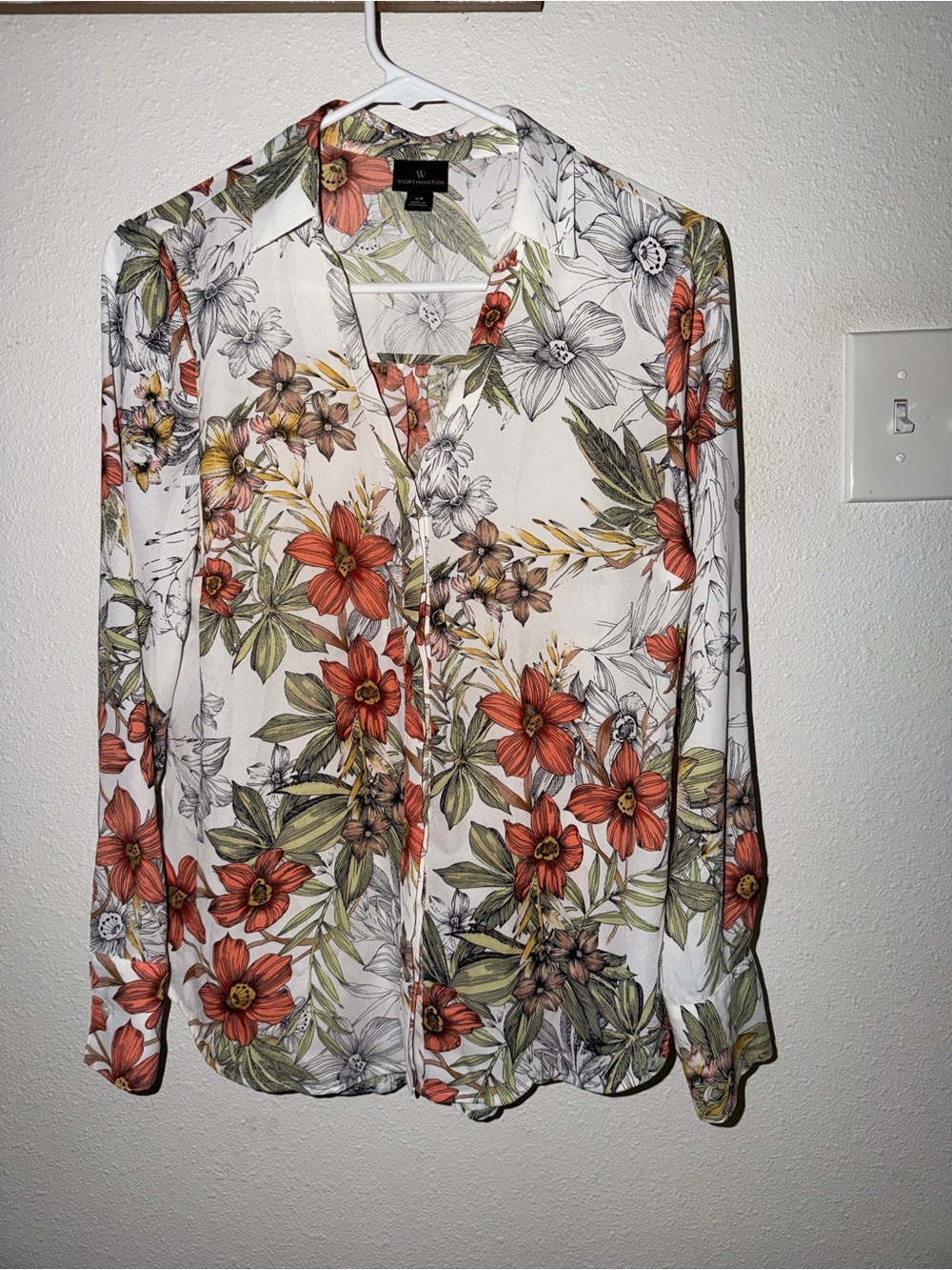Worthington White Long Sleeve Button Down Blouse with  Floral Print NWOT